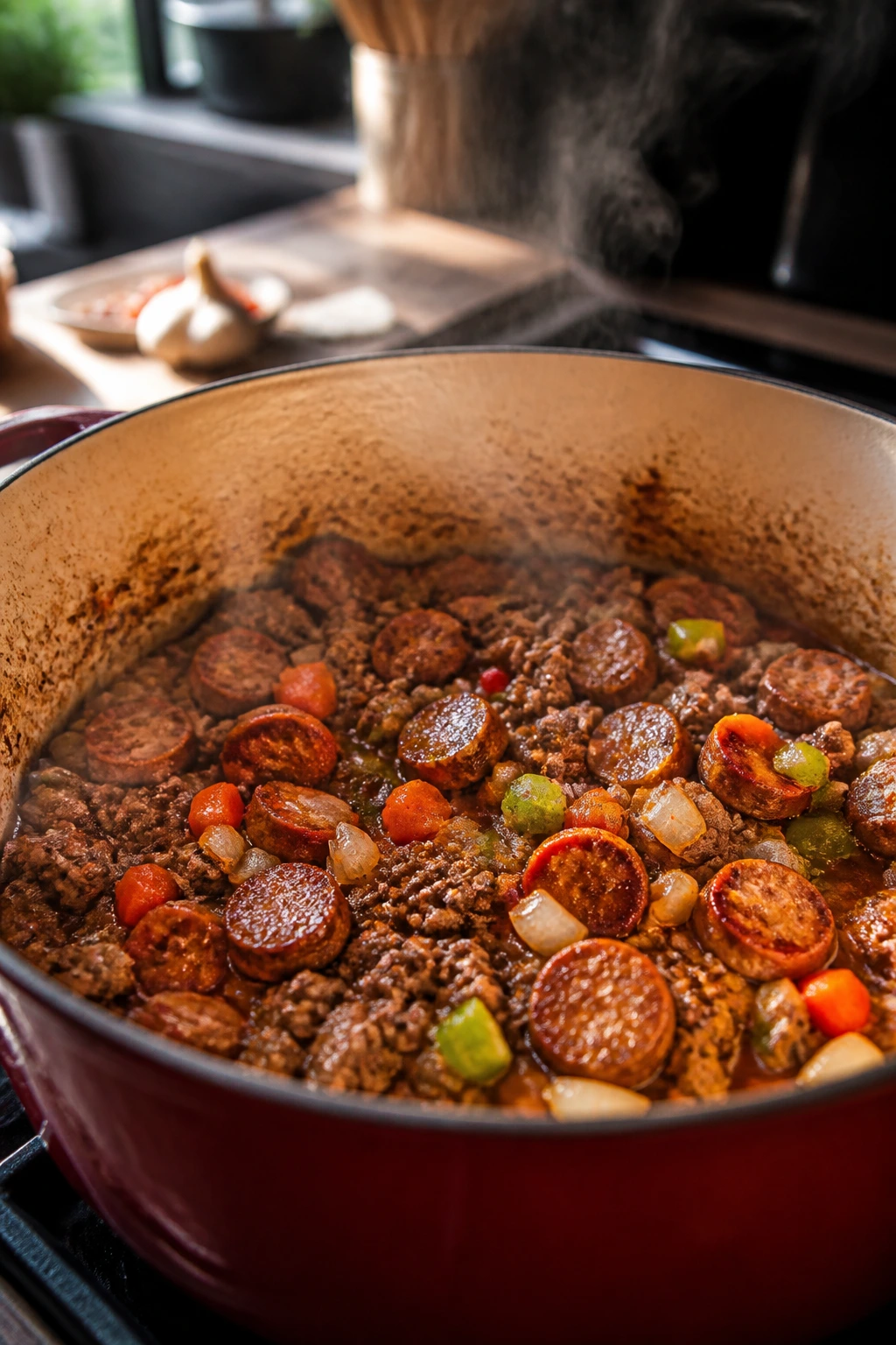 Browned meat and vegetables browning in a Dutch oven