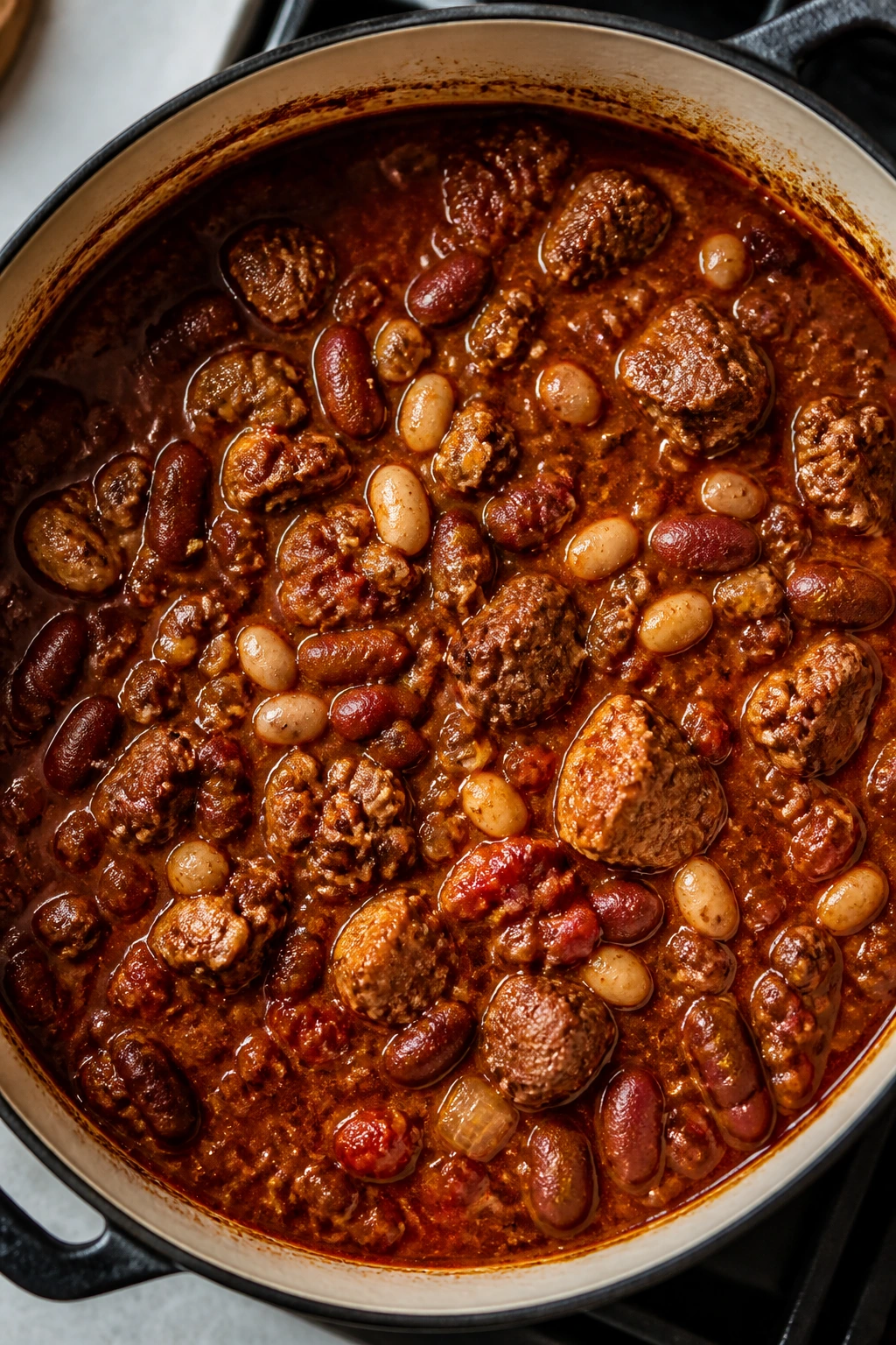 Close-up of simmering Calabrian chili with meat and beans in pot