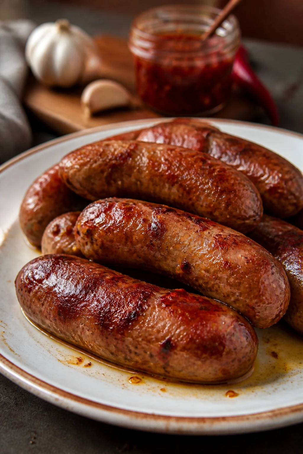 Calabrian kick sausage with chili flecks on a plate.