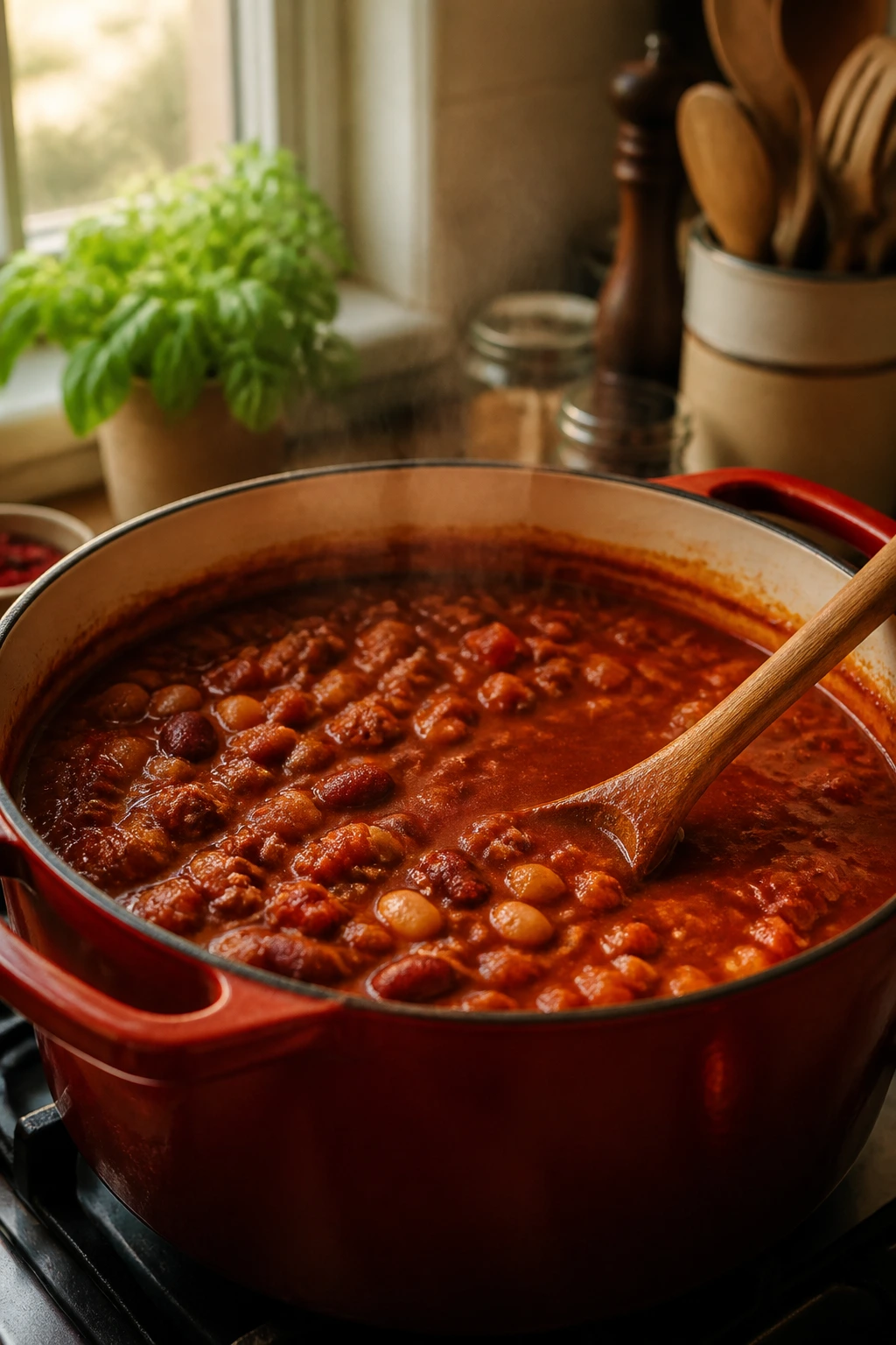 Steaming pot of Calabrian chili on stove in warm kitchen