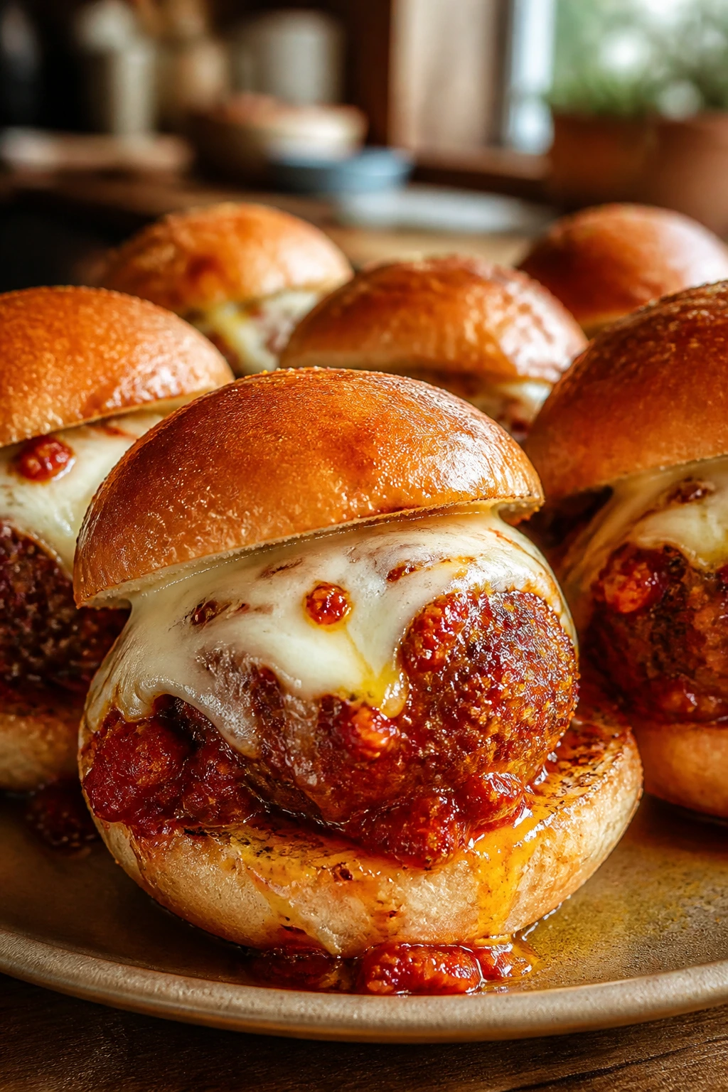 Calabrian chili meatball sliders with provolone and bright red sauce
