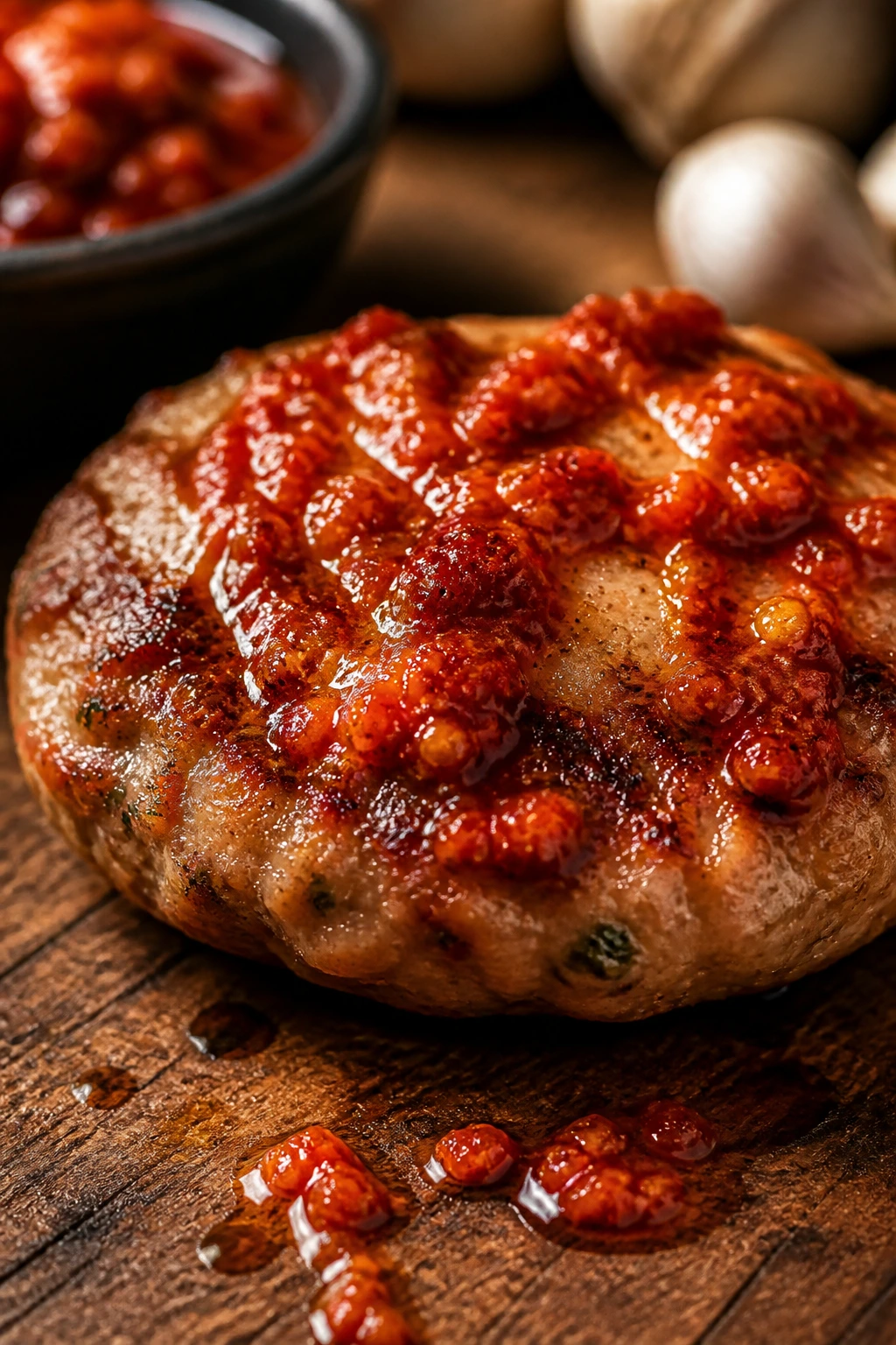 Sausage patty with Calabrian chili paste on wooden surface
