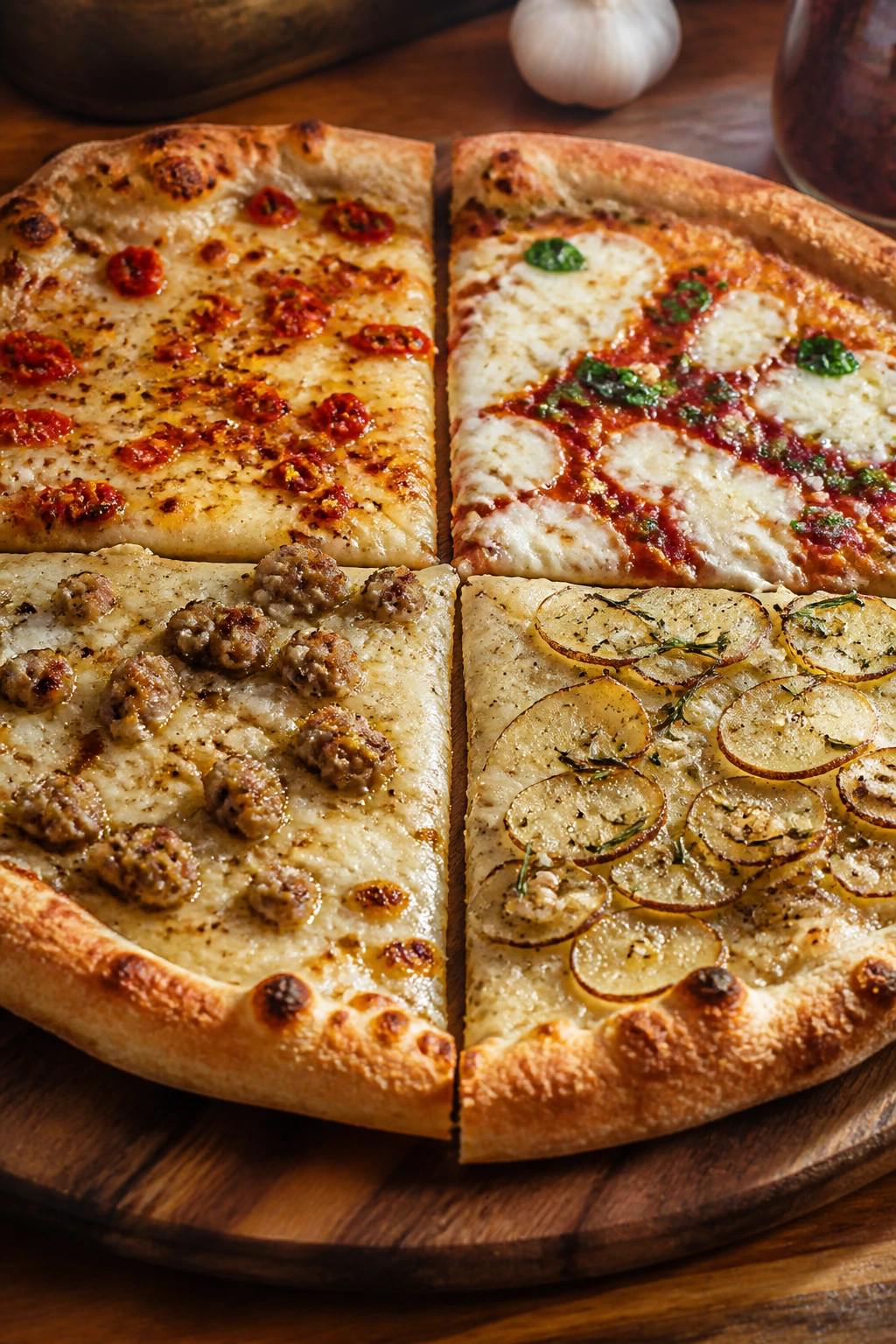 Pizza with four topping variations