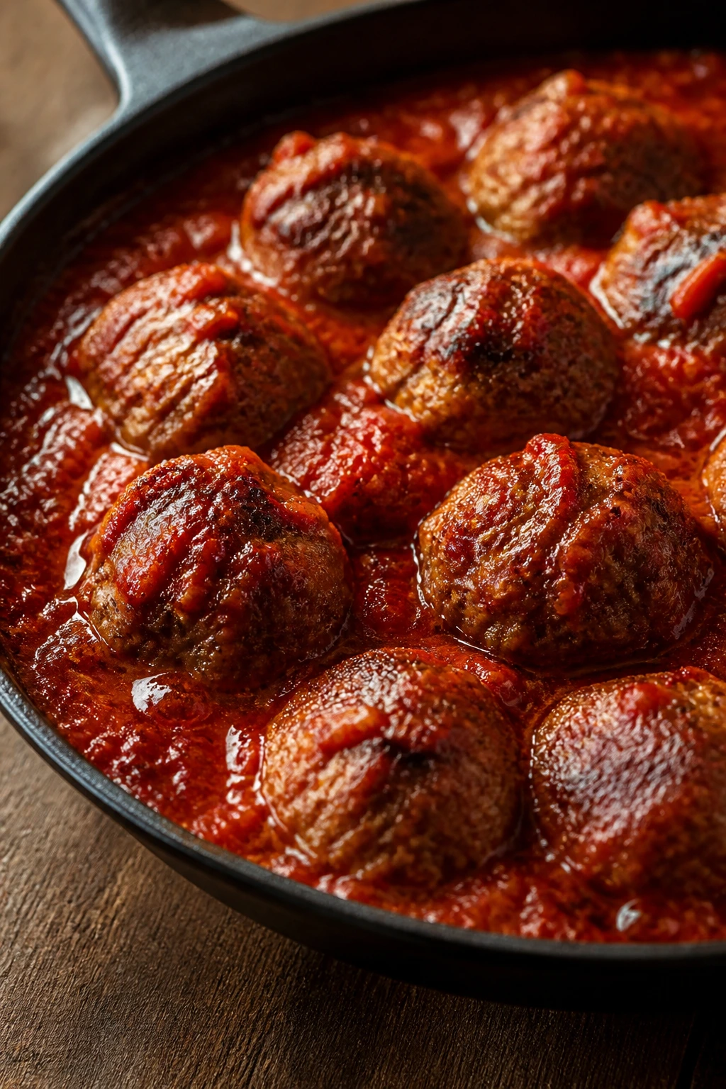 Close-up of spicy Calabrian meatballs in marinara sauce