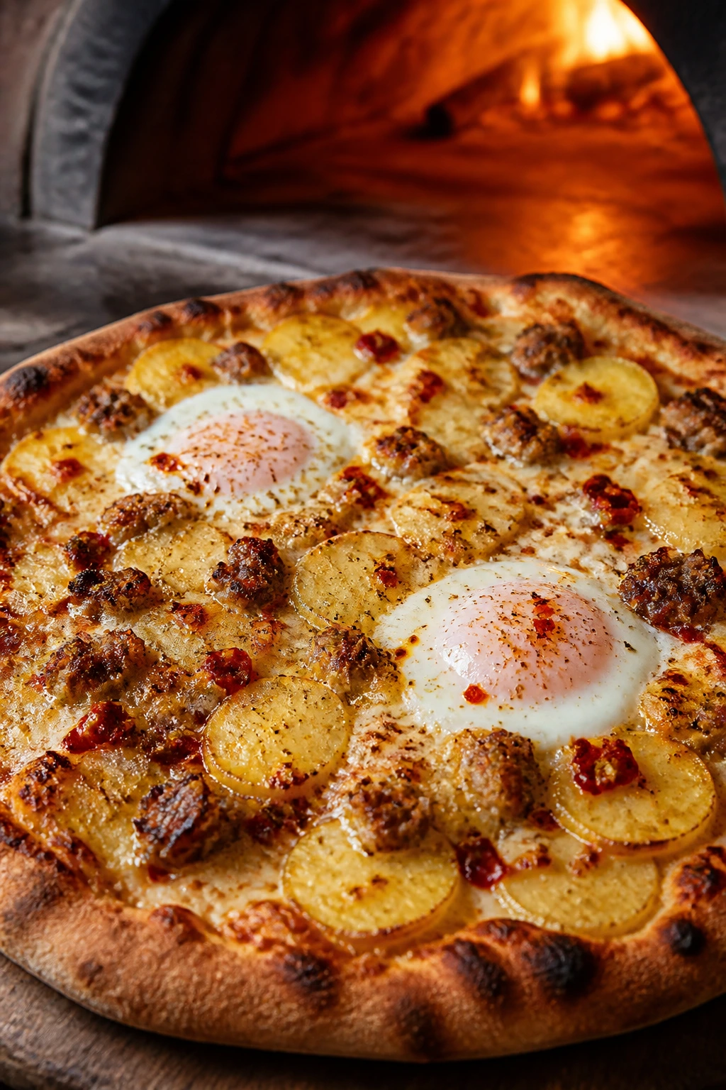 Calabrian chili potato breakfast pizza with potatoes and sausage