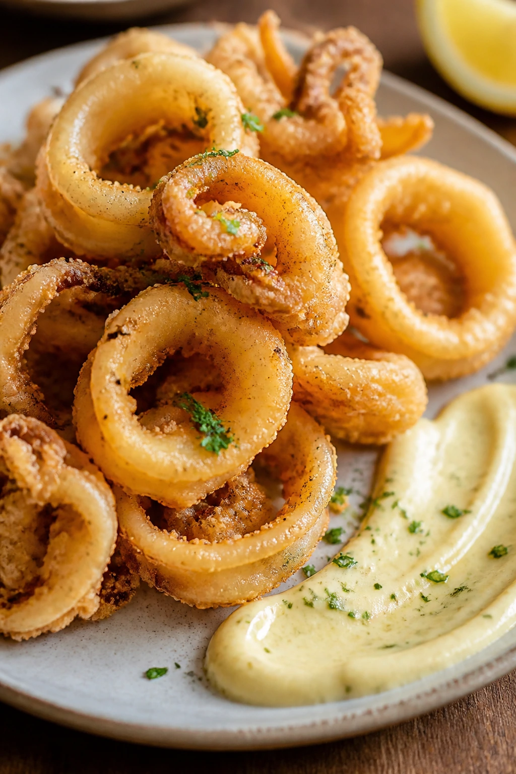 Crisp calamari fritti with lemon garlic aioli on plate