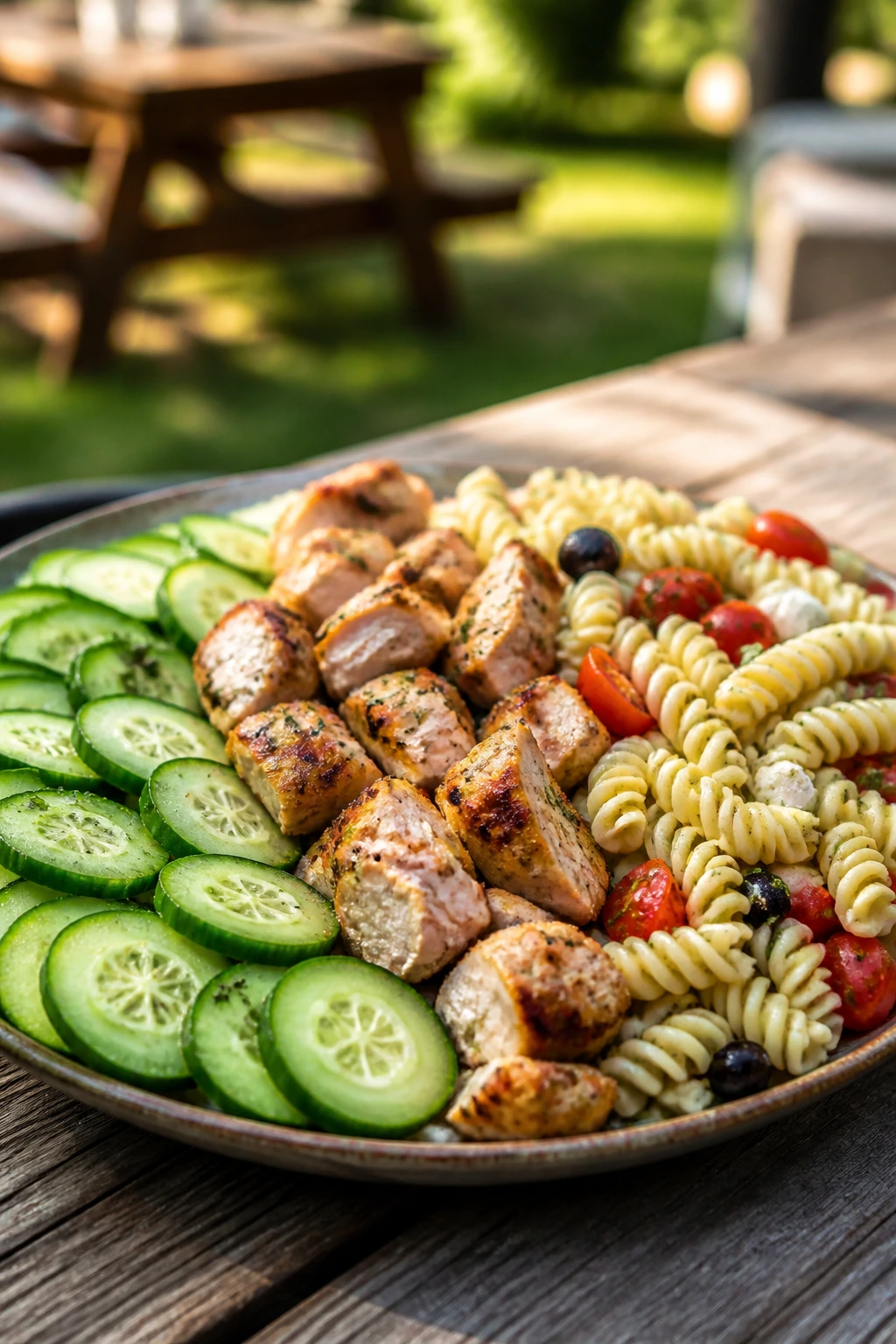 Close-up of a large platter of cold picnic foods for kids on a sunny backyard table
