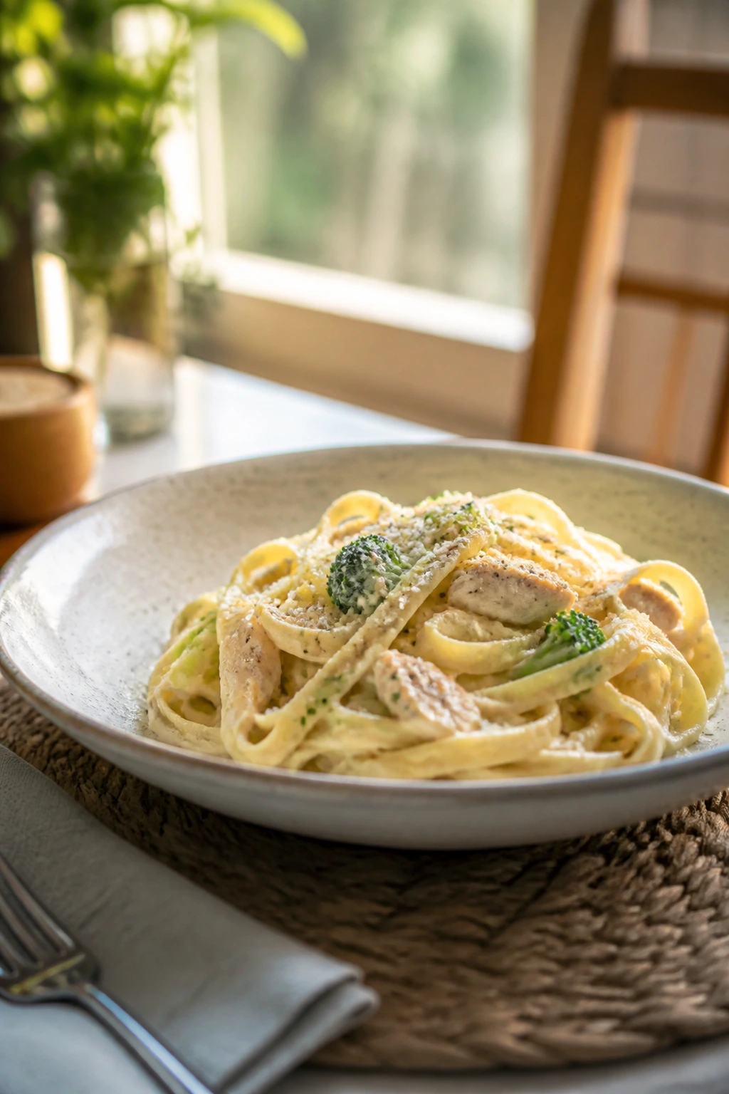 Calm dining scene with a simple plate of pasta by a window