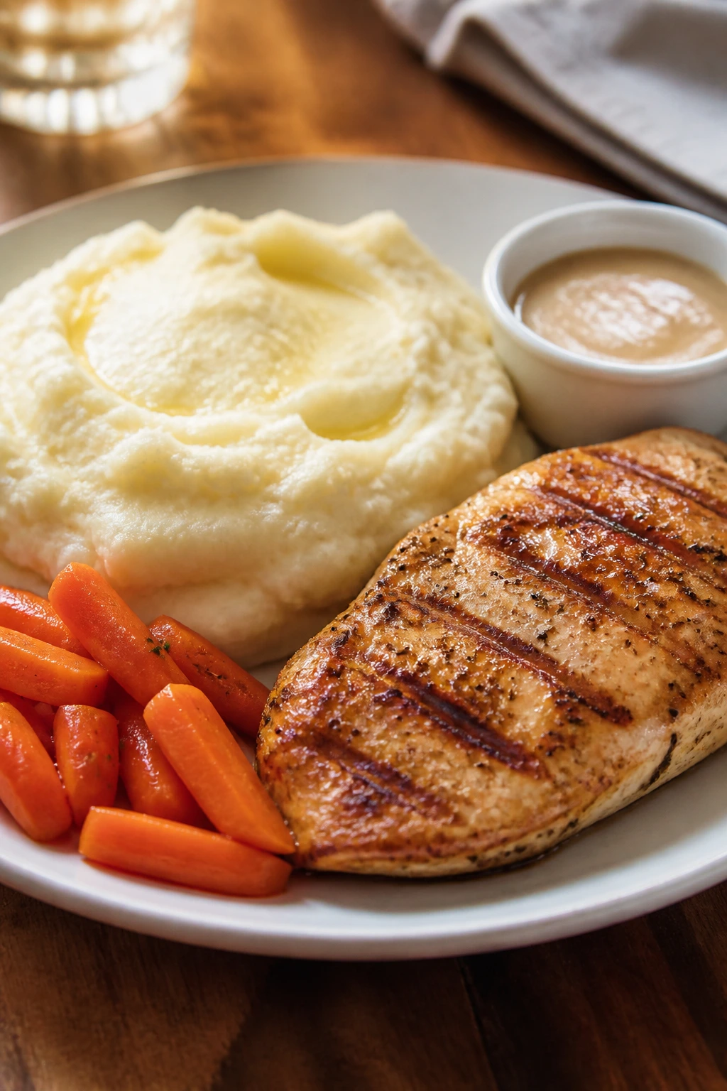 Close-up of a plate with mashed potatoes, grilled chicken, carrot, and sauce cup on a wooden table