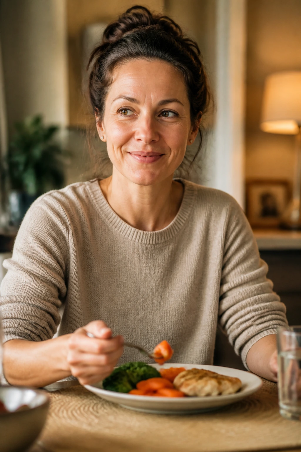 Close-up of a calm parent at a dining table with a simple plate