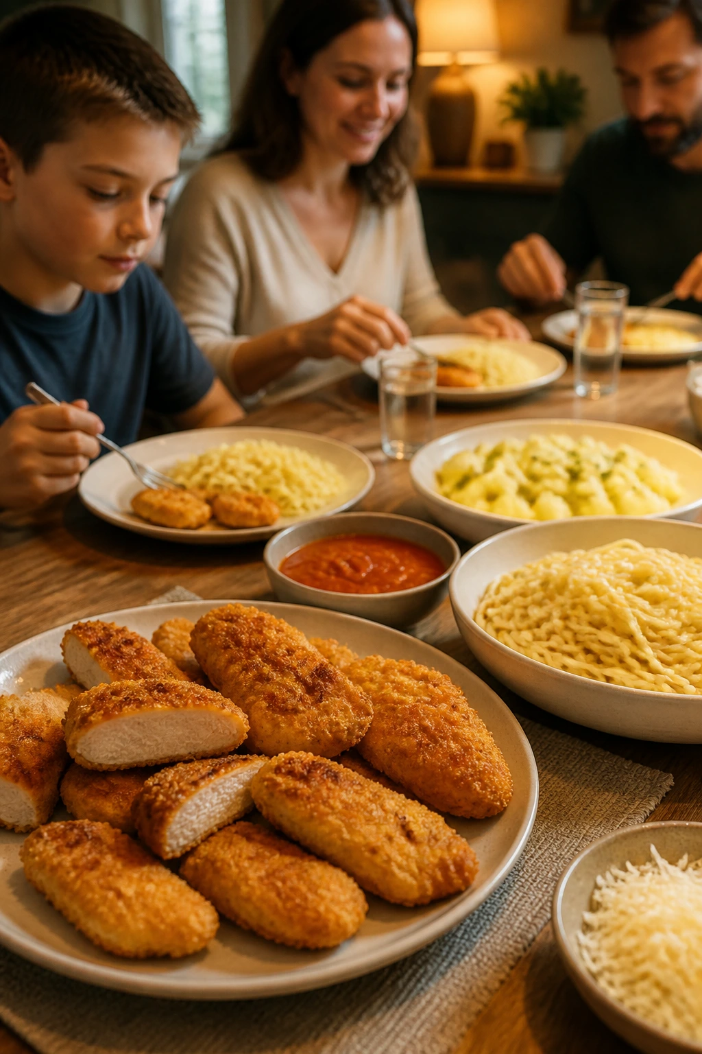 Calm dinner table with familiar foods arranged center-stage