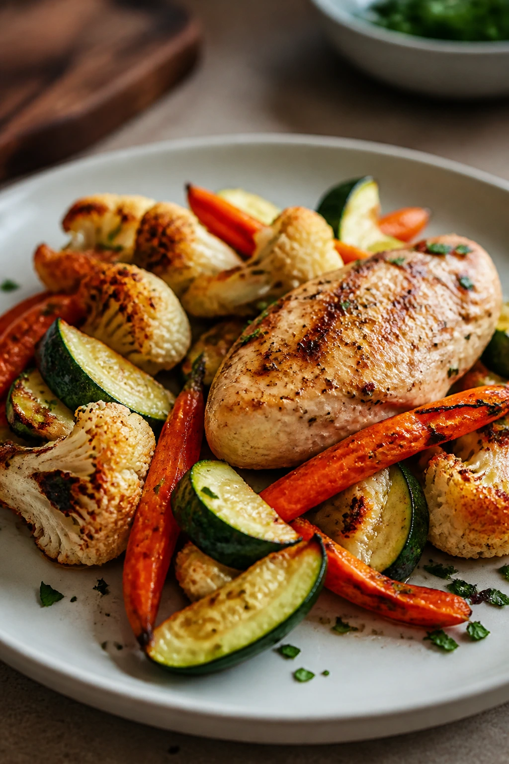 Close-up of a calm dinner plate with roasted vegetables as the centerpiece