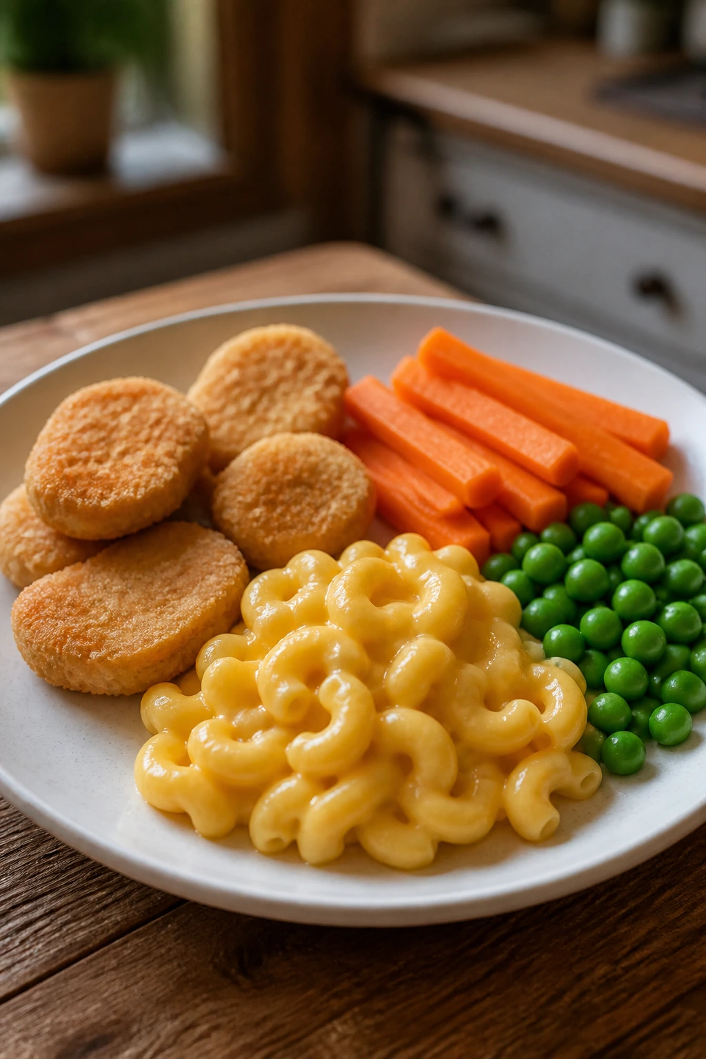 Close-up of a calm dinner plate with simple foods on a warm kitchen table