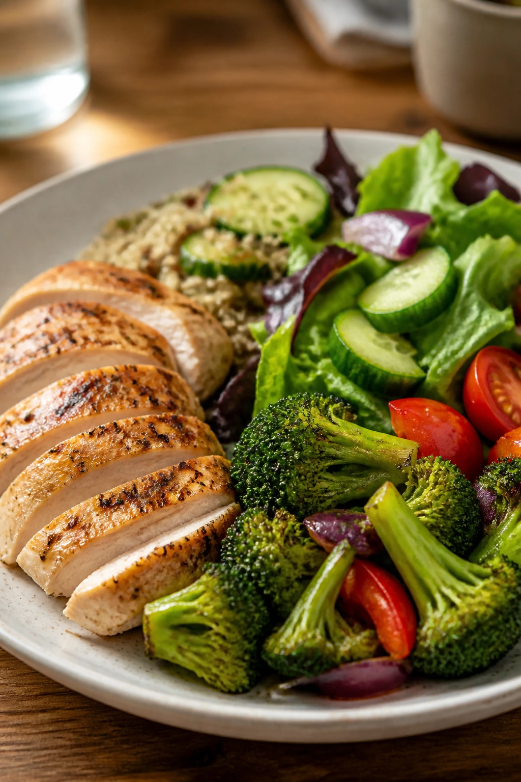 Close-up of a balanced 500-calorie plate with protein, vegetables, and whole grains in a warm home kitchen