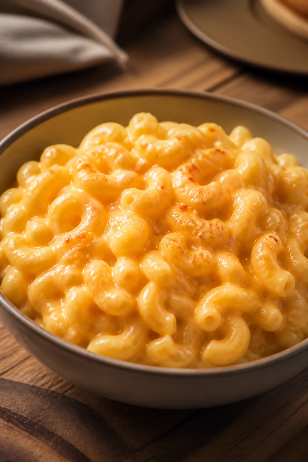 Close-up of comforting mac and cheese bowl in cozy dining room
