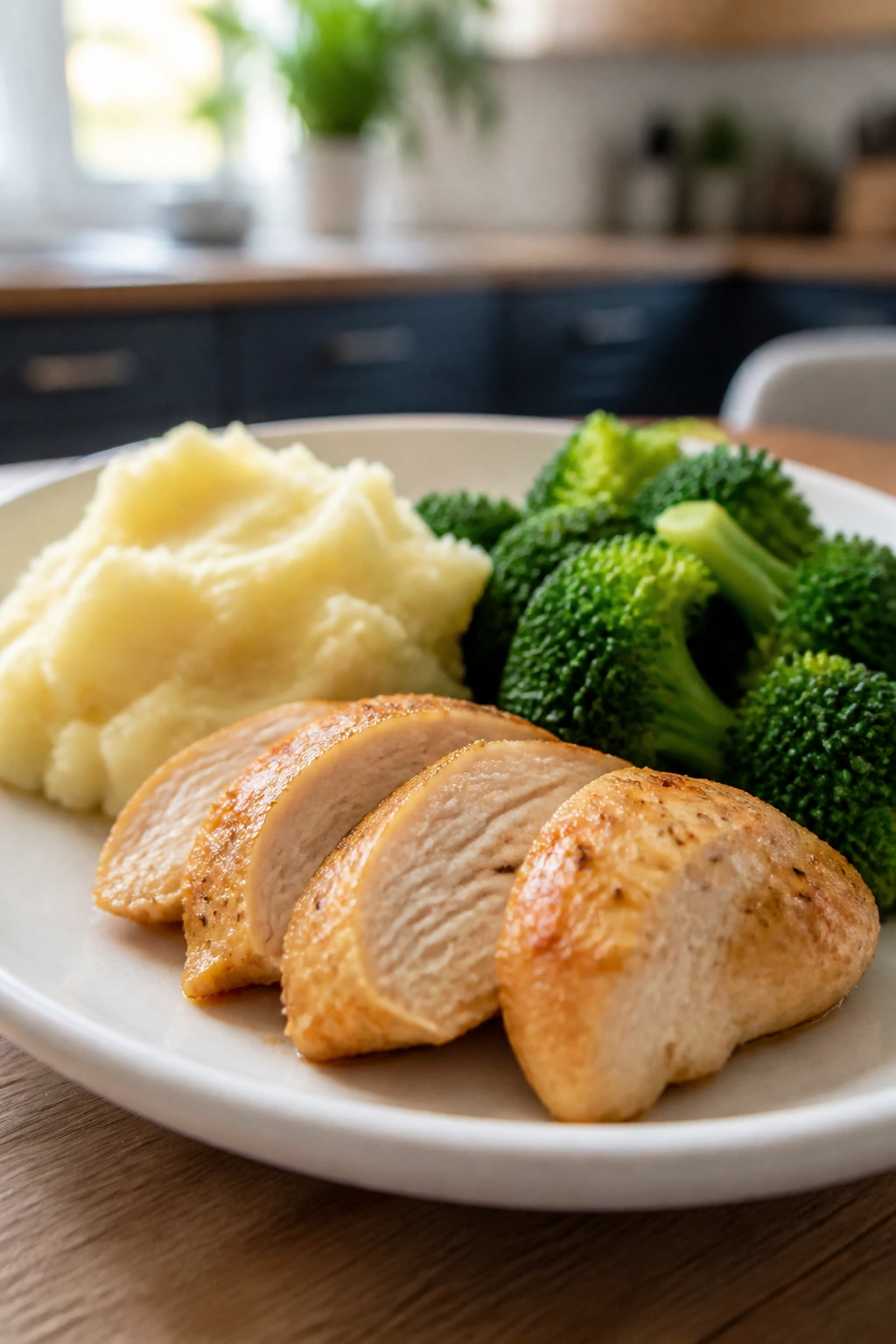 Plate with chicken, mashed potatoes, and broccoli on a cozy table