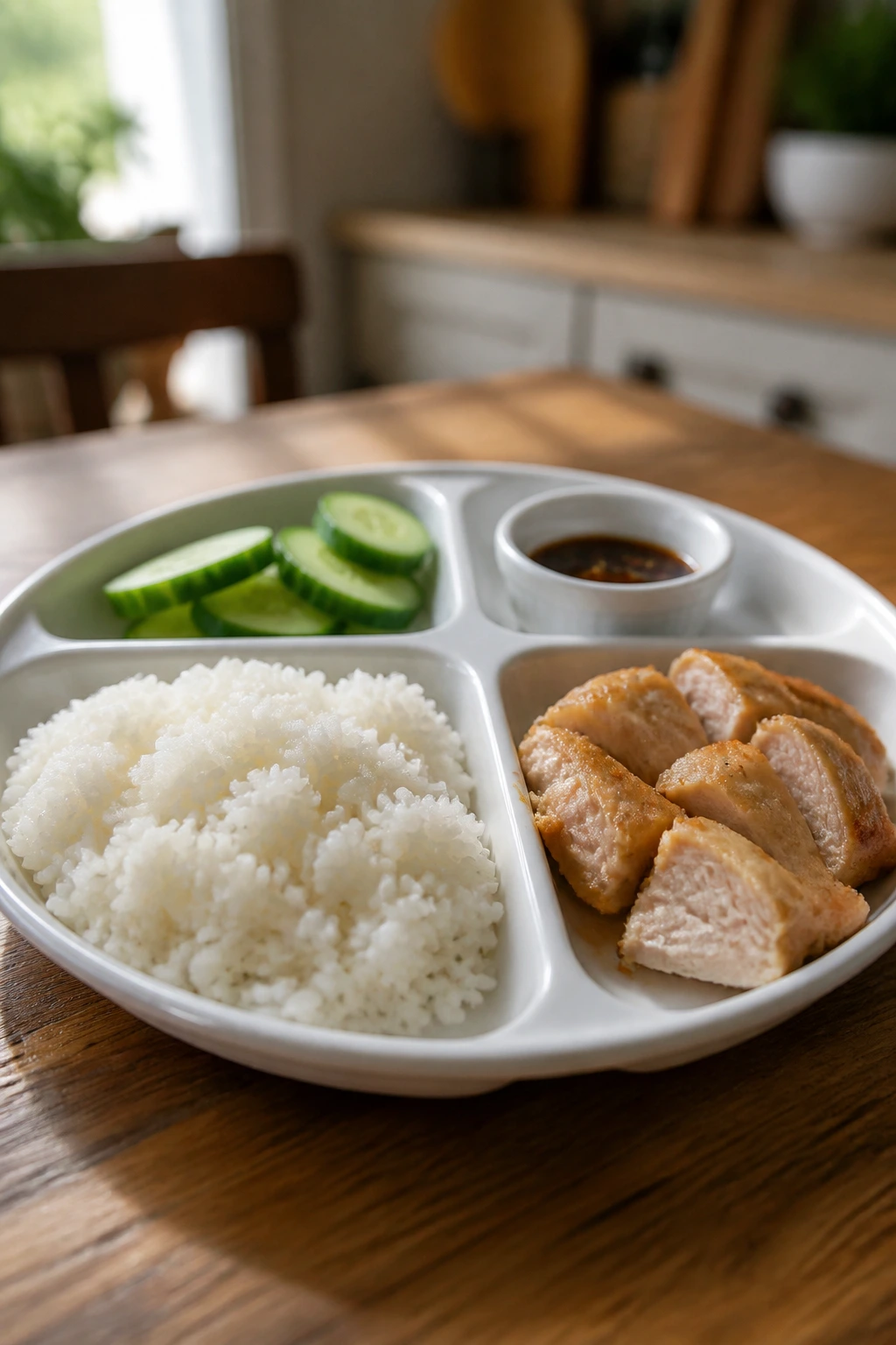Close-up of a four-part dinner plate with rice, chicken, cucumber coins, and sauce on the side in a cozy kitchen.