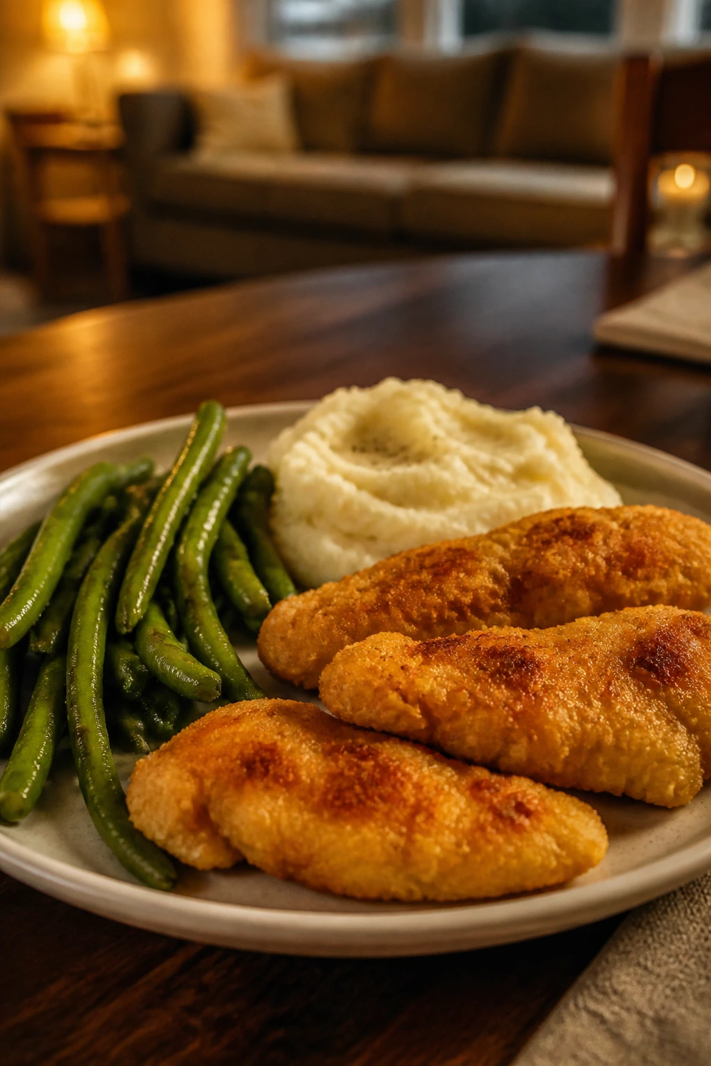 Close-up of a simple comforting plate on a calm dinner table.