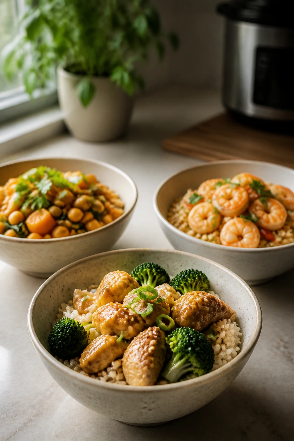 Three rice bowls on a calm kitchen counter