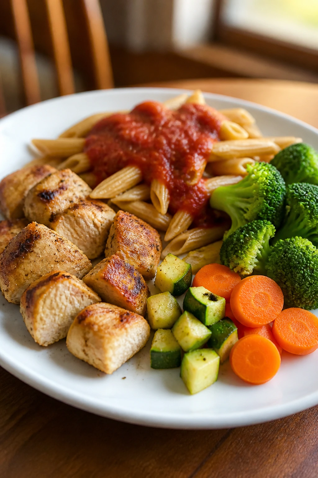 Close-up of a balanced kid-friendly dinner plate in a warm dining setting