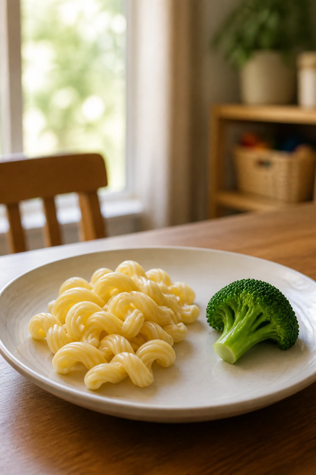 Plate with pasta and a single broccoli floret to start small with picky eaters