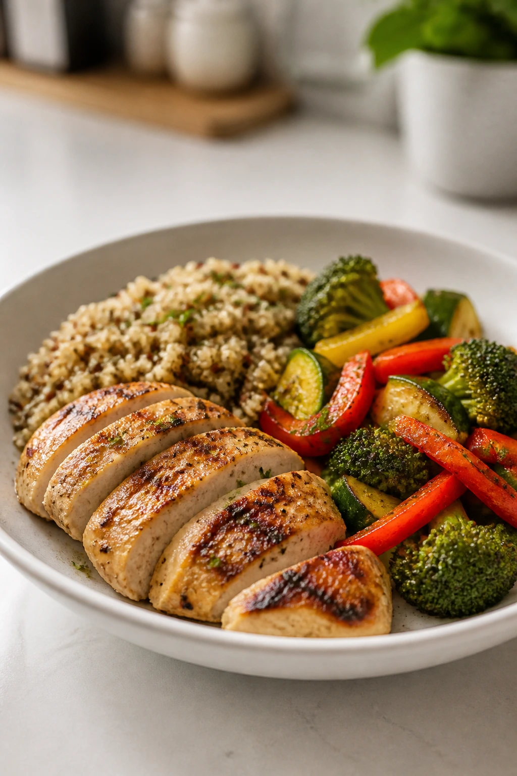 Plate with chicken, quinoa and vegetables showing a balanced under-500-calorie meal