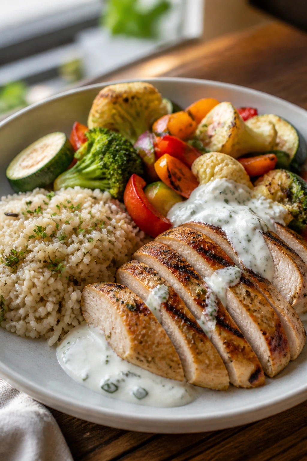 Close-up of a balanced plate with protein, vegetables, starch, and yogurt sauce.