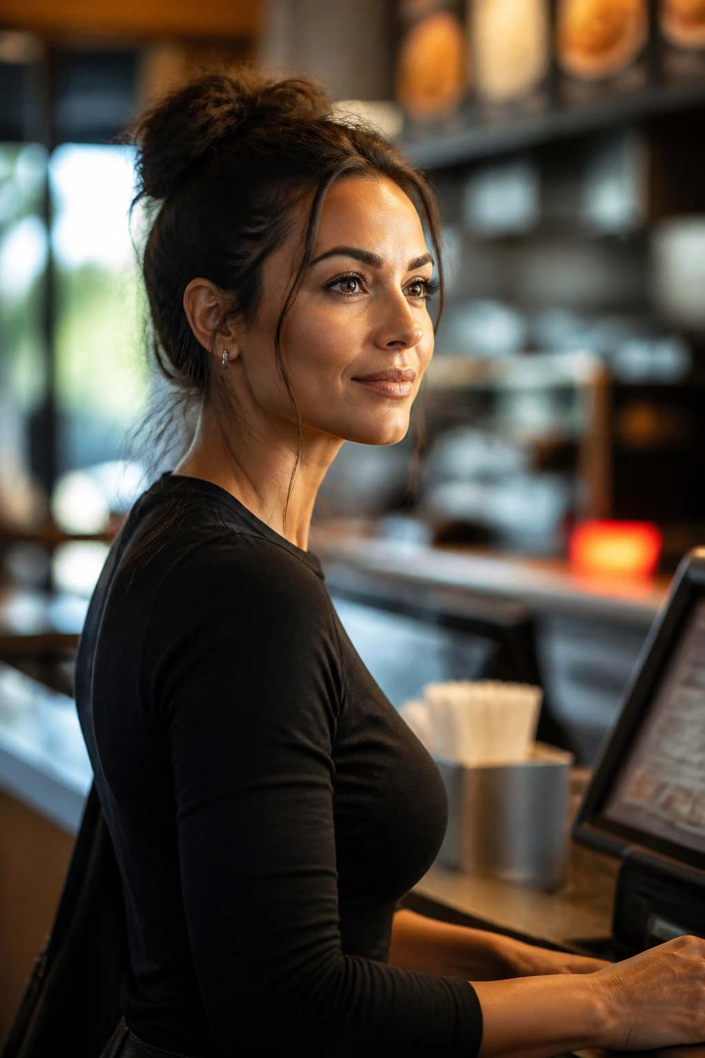 Close-up portrait of a person at a fast-food counter planning a dairy-free, under-500 meal