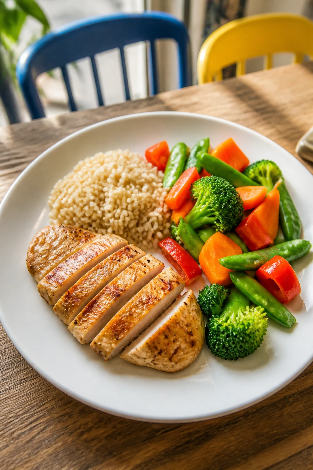 Plate with balanced portions illustrating under-500-calorie kid meals on a bright table