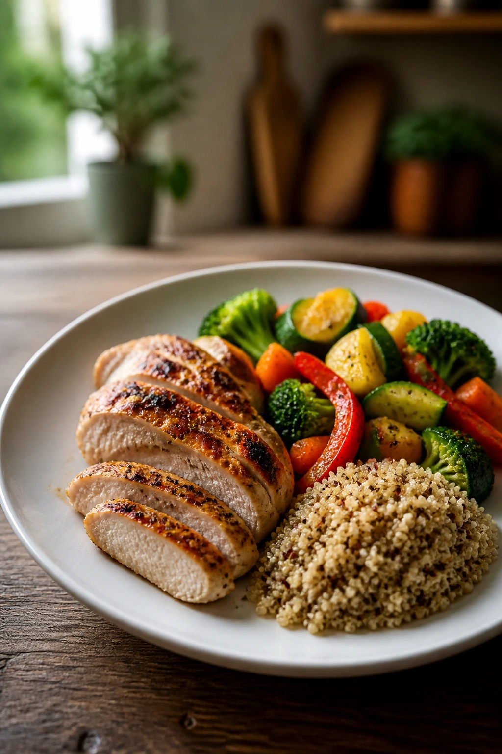 Close-up of a balanced plate with protein, vegetables, and grains in a cozy kitchen