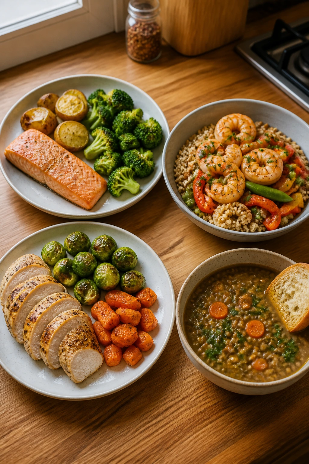 Four plates of under-500-calorie dinners on a kitchen counter