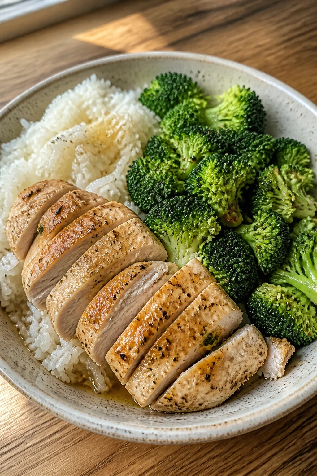 Close-up plate with chicken, rice, and broccoli in a kitchen