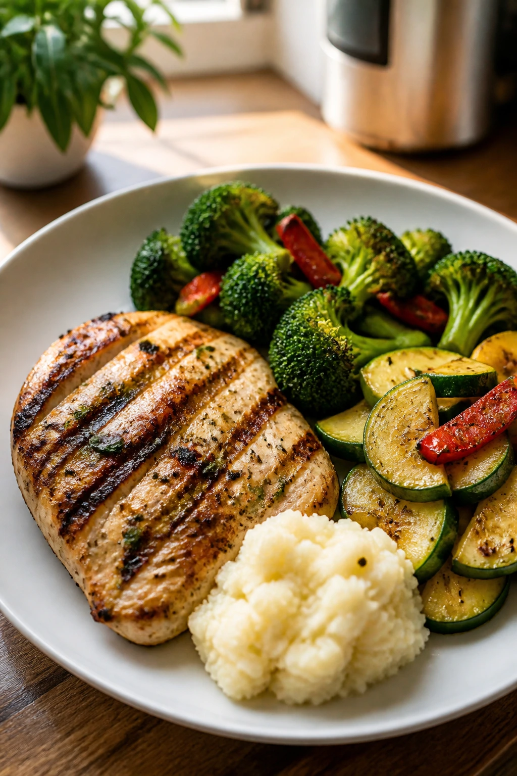 Plate with protein, vegetables, and small starch under 500 calories