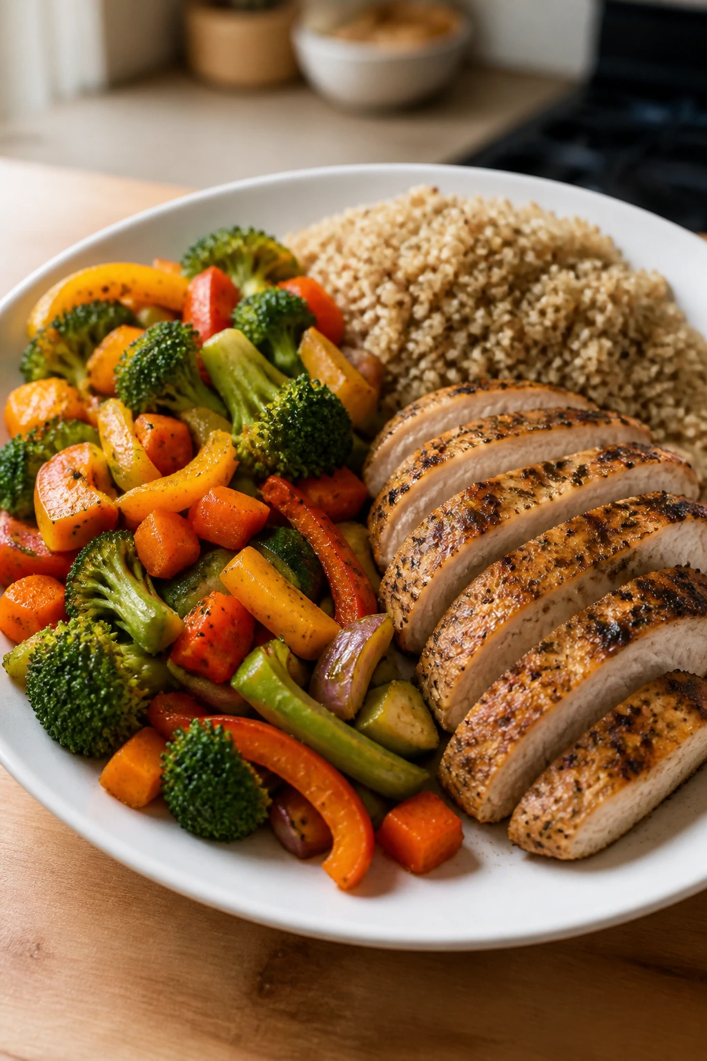 Balanced plate showing vegetables, lean protein, and grains