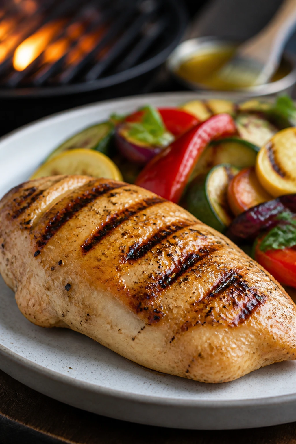 Lean grilled protein plate with vegetables and light oil sheen