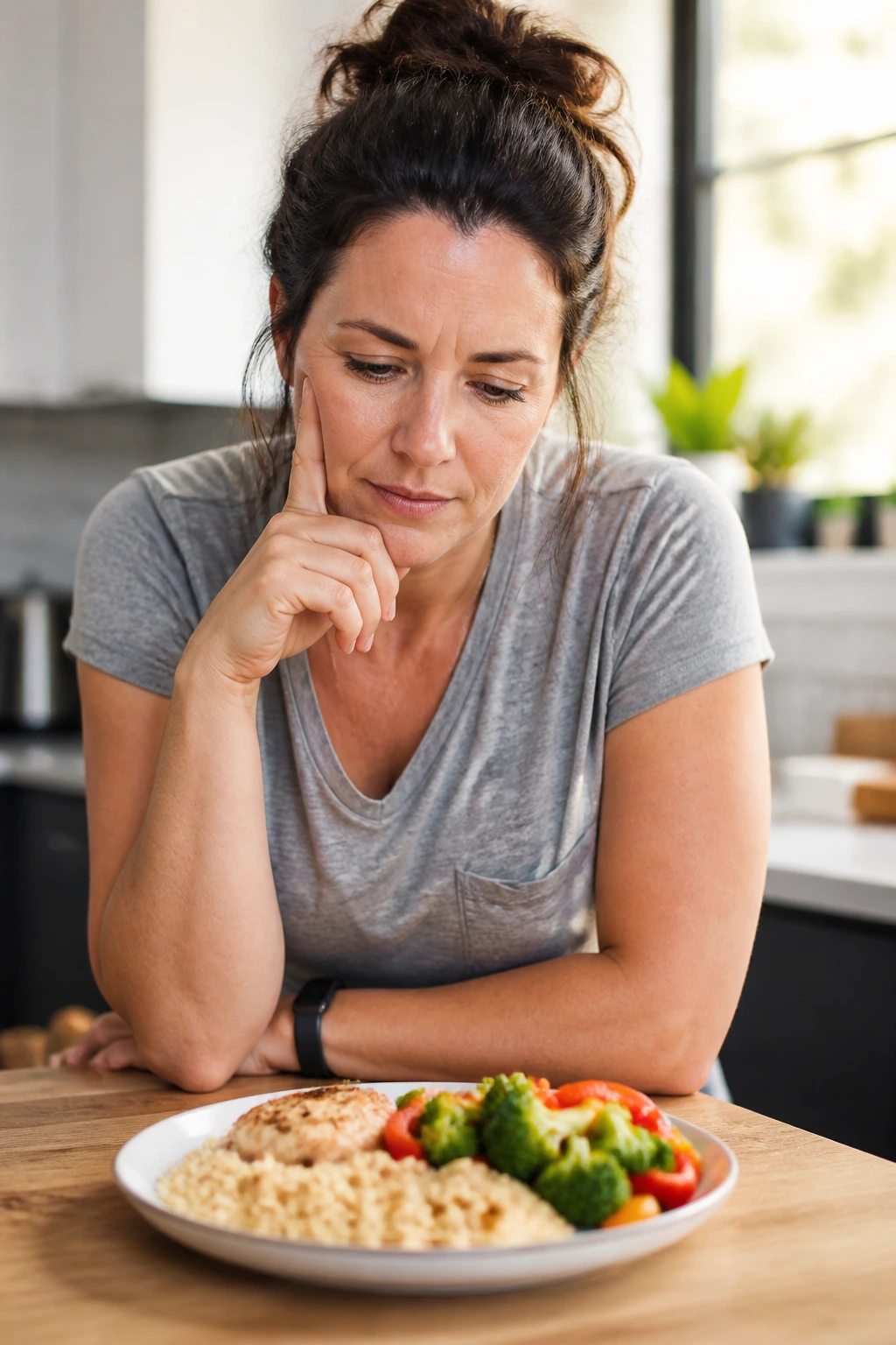 Thoughtful person in kitchen considering calorie-conscious meals