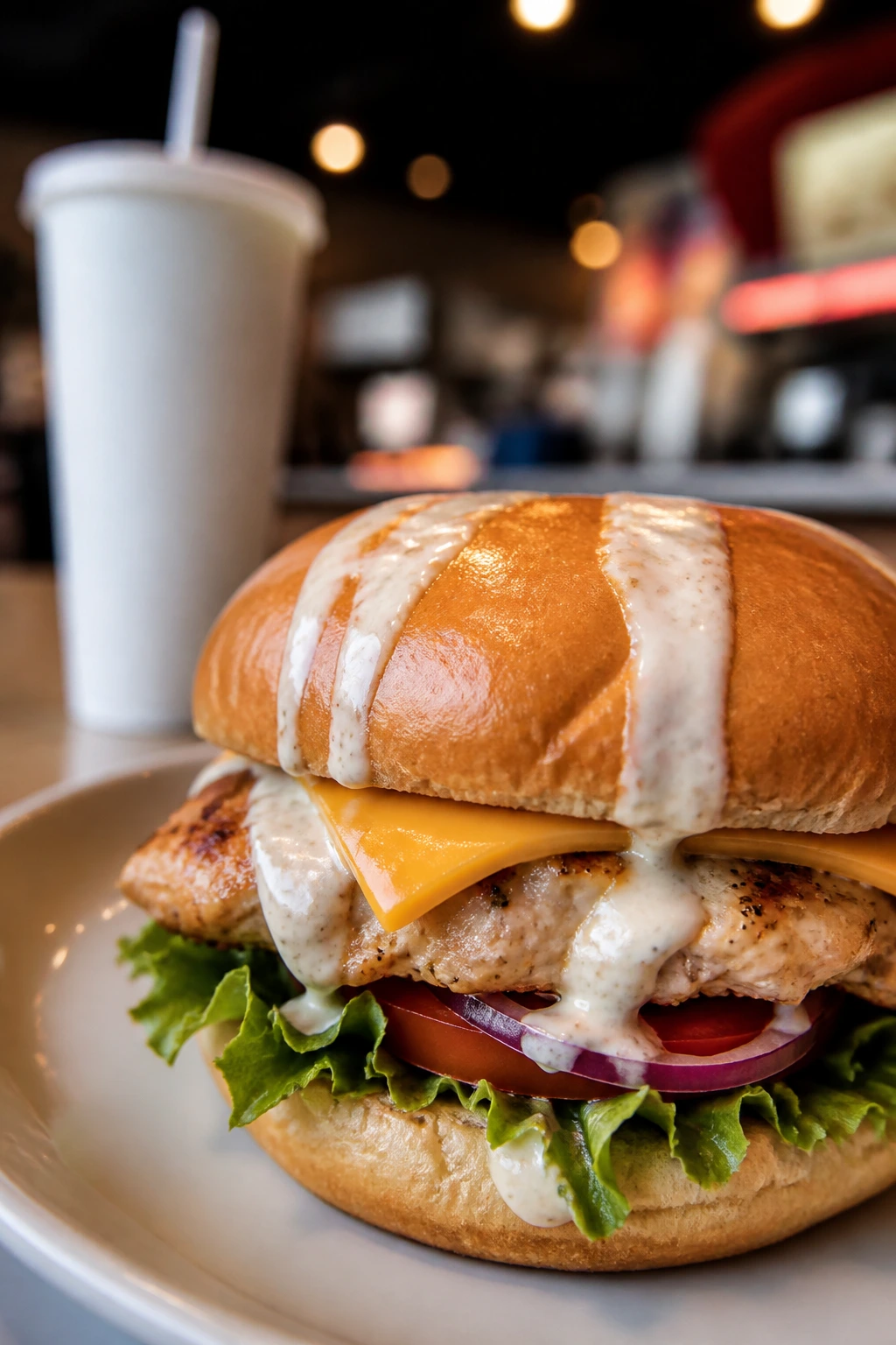 Close-up of a burger with cheese and dressing on top, background beverage