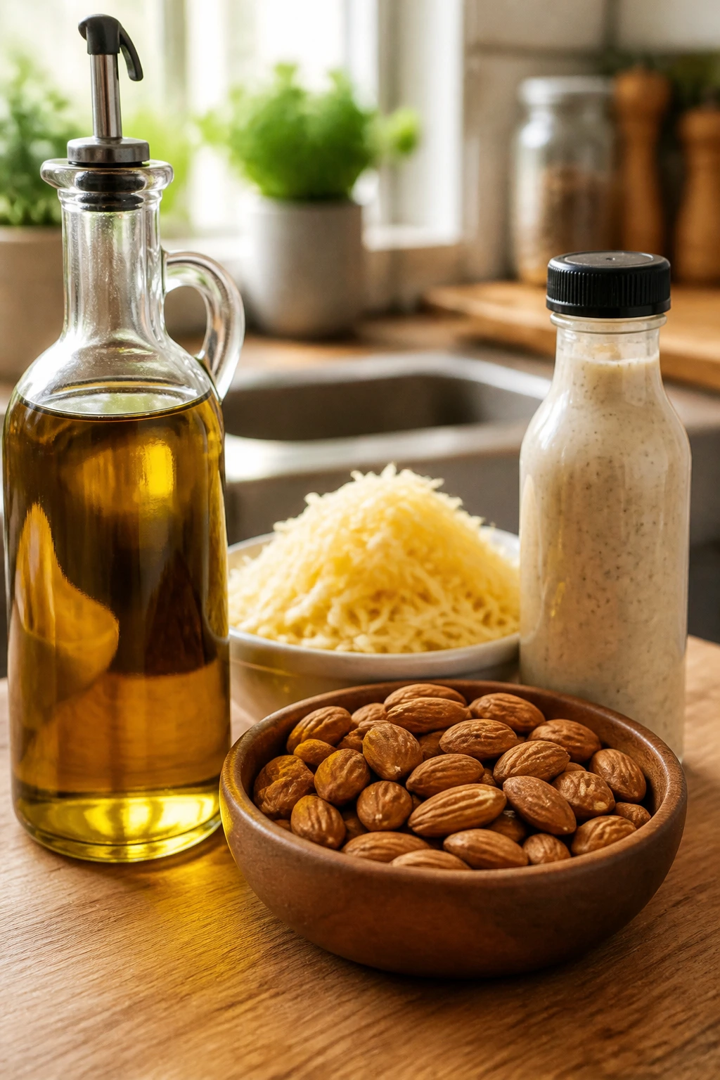 Close-up of olive oil, cheese, almonds, and dressing on a kitchen counter