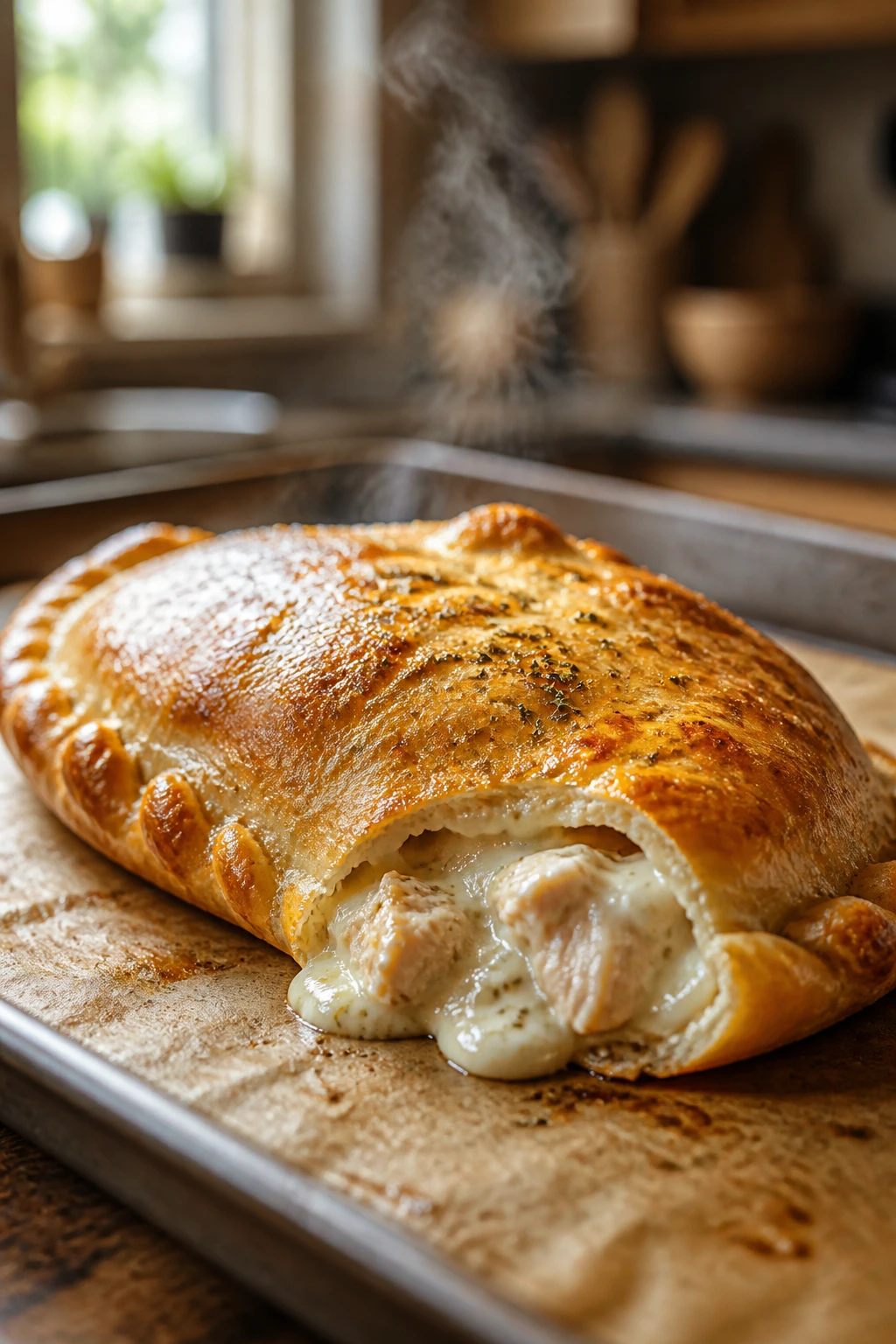 Close-up of a golden chicken Alfredo calzone with steam in a warm kitchen