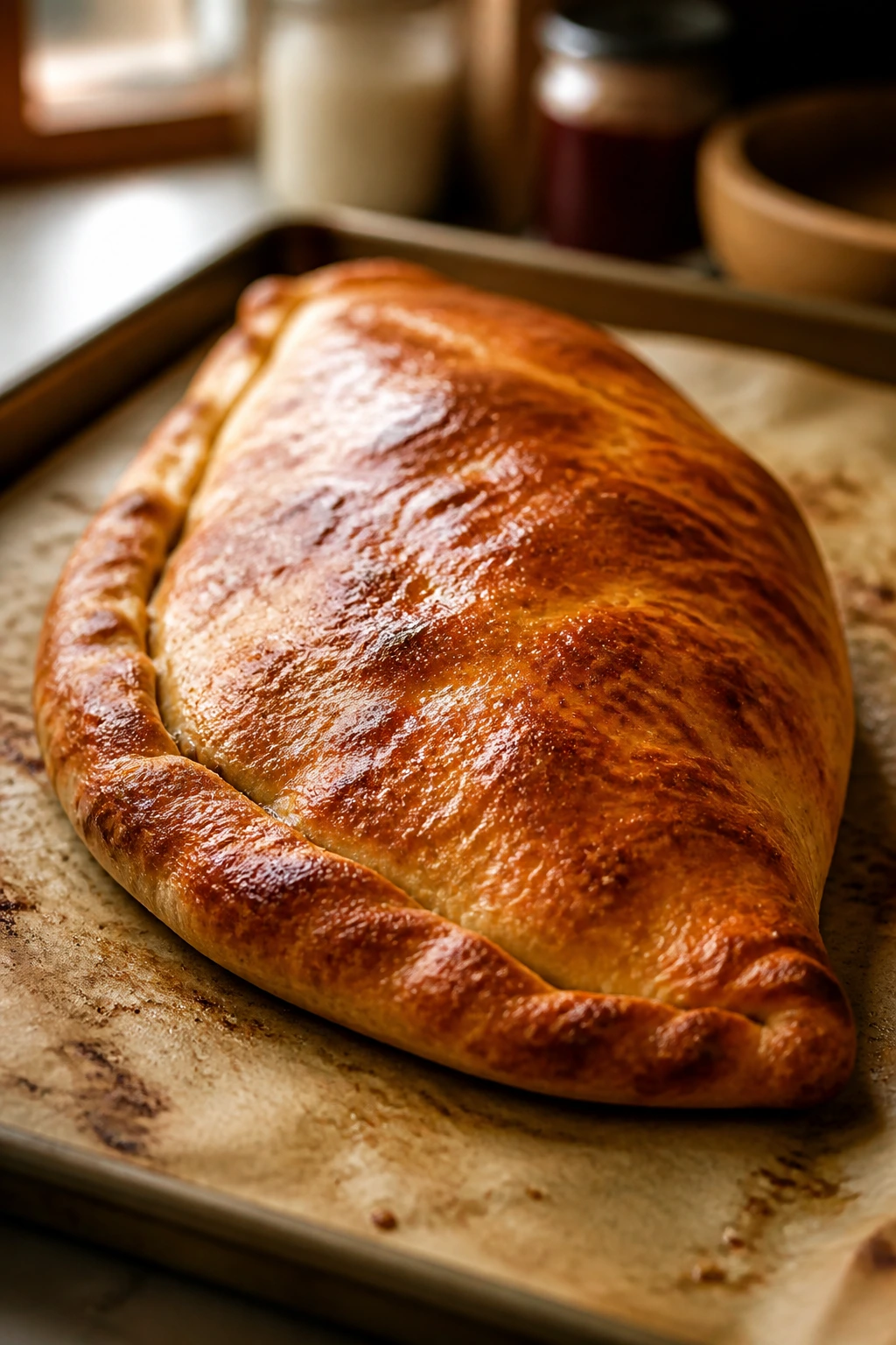 Freshly baked calzone with deep golden crust