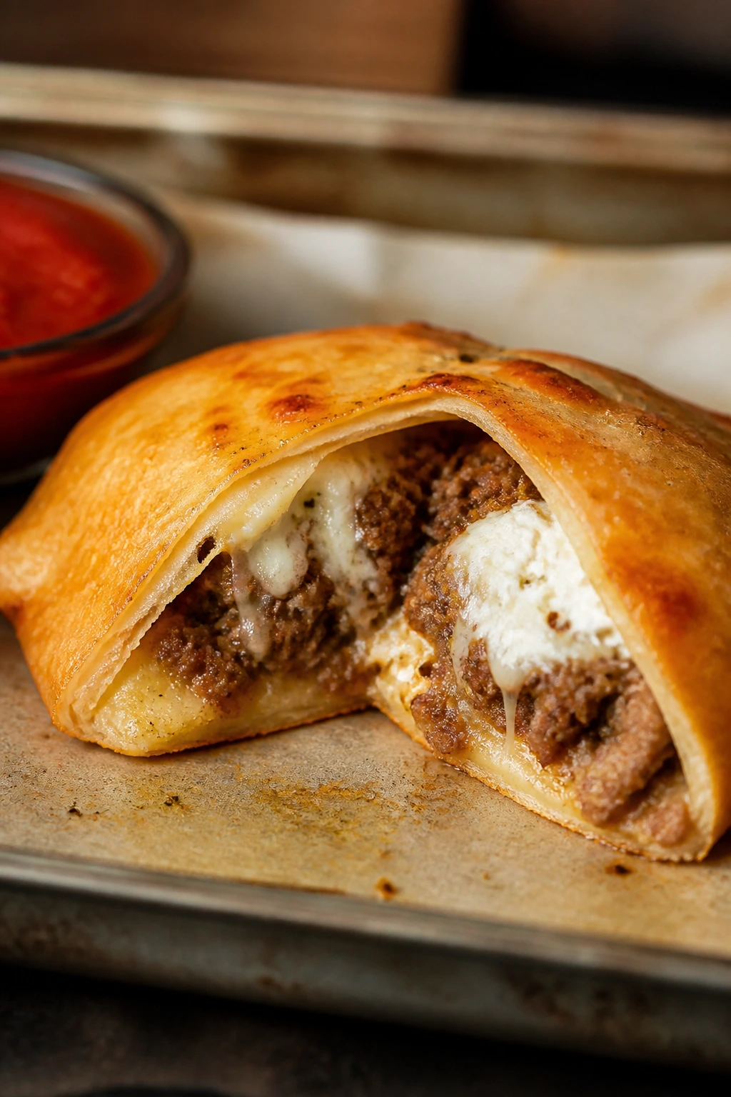 Calzone with beef and sausage filling, ricotta mozzarella inside
