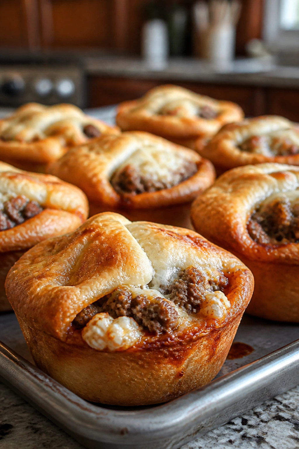 Calzone cups with beef and cottage cheese in muffin tin