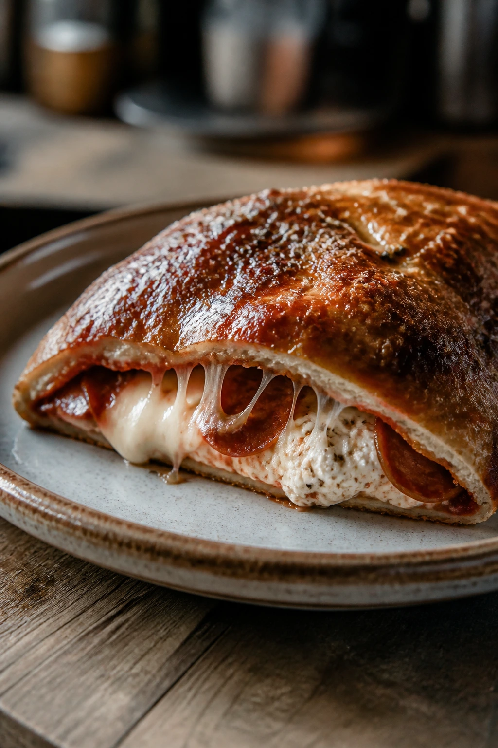 Close-up of a pepperoni calzone slice with glossy glaze on a rustic plate
