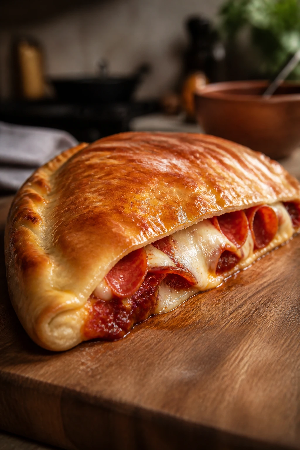 Close-up of tender pepperoni calzone with glossy glaze on a wooden board