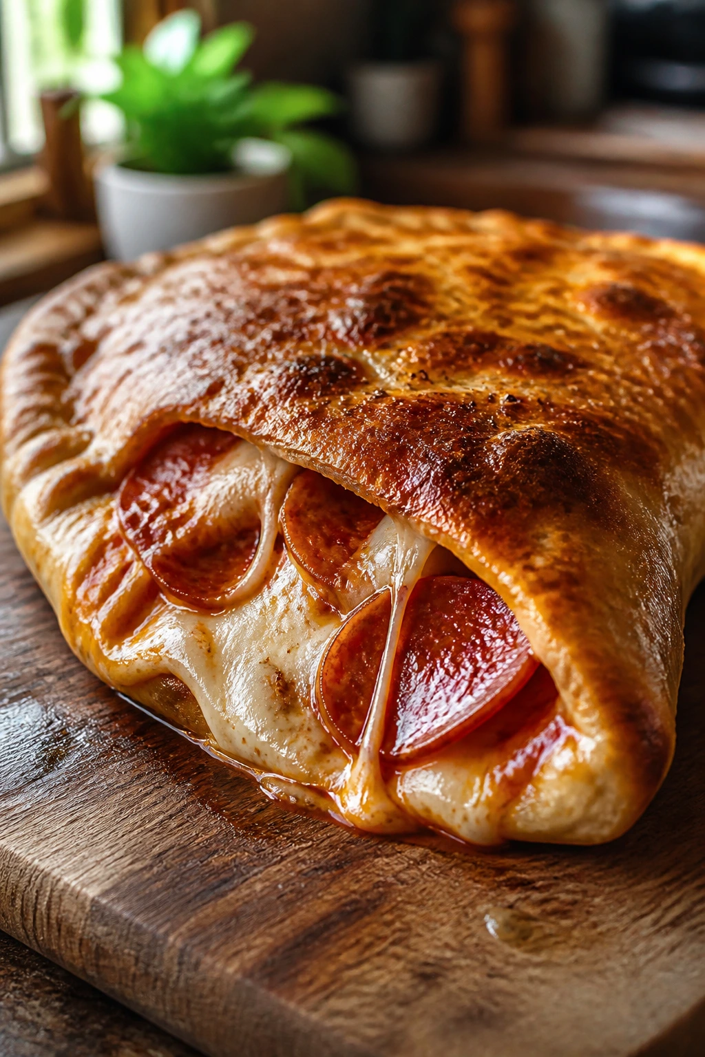 Close-up of a pepperoni calzone with glossy glaze and bronzed crust