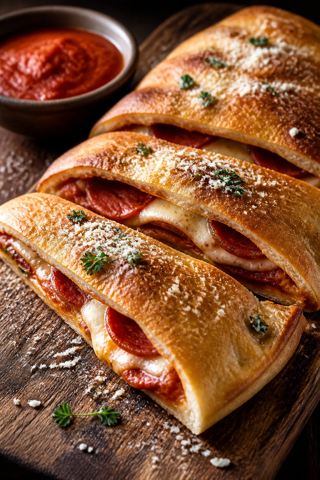 Sliced pepperoni calzone on wooden board with Parmesan and marinara