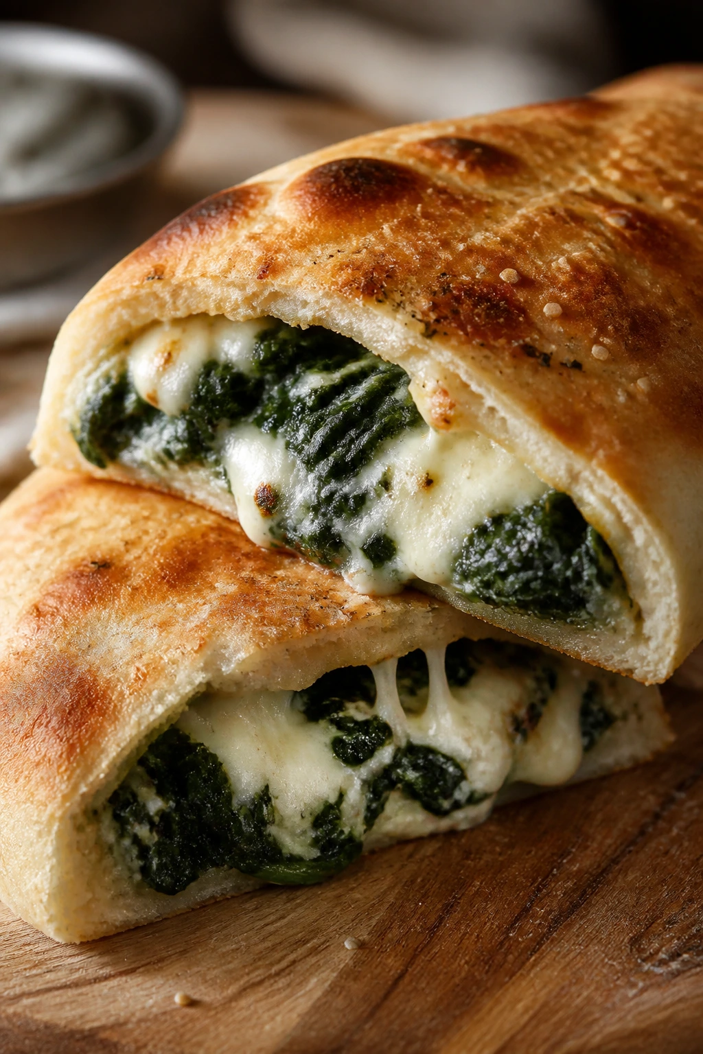 Calzone sliced open showing spinach and cheese filling on a wooden board