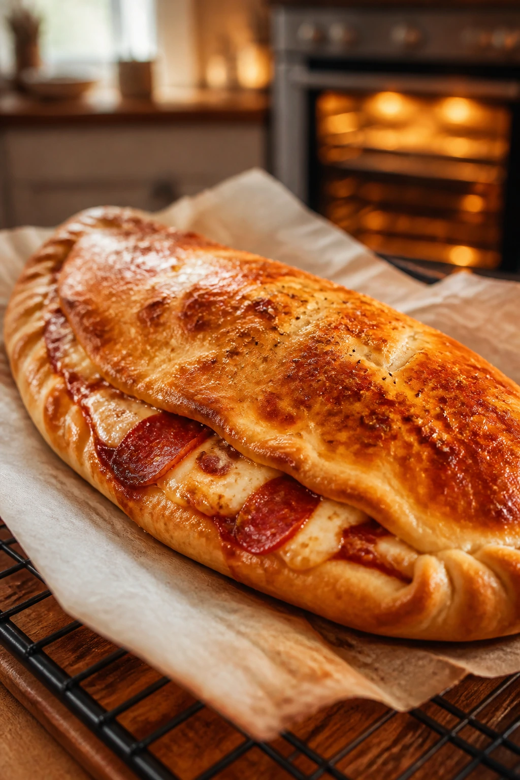 Calzone on parchment cooling rack in kitchen