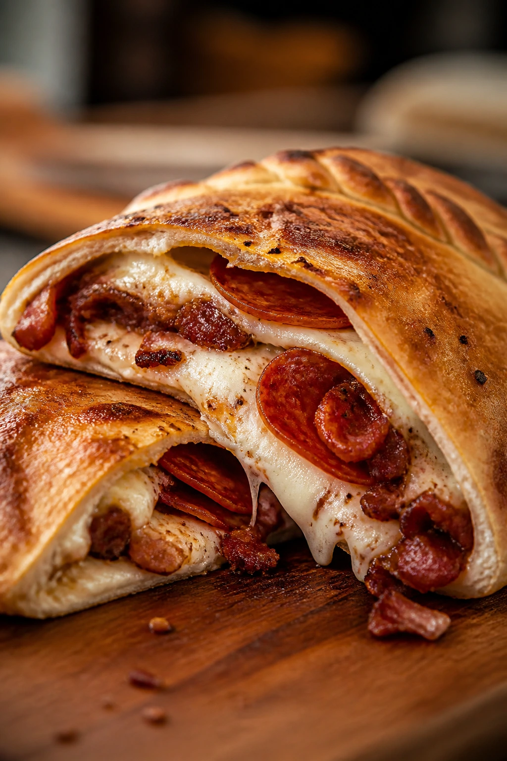 Pepperoni bacon calzone variation cross-section