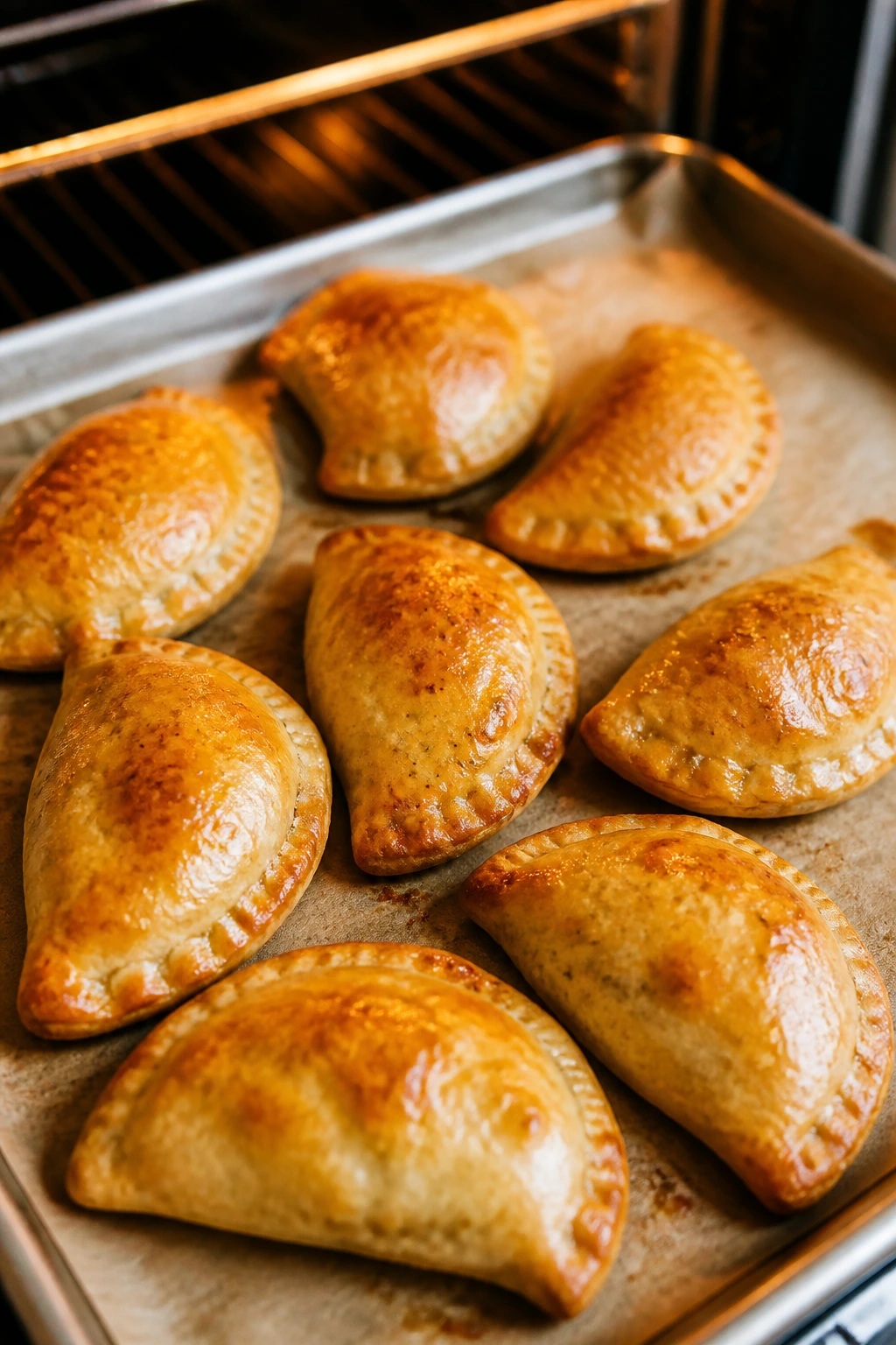 Golden mini calzones on parchment in a warm kitchen
